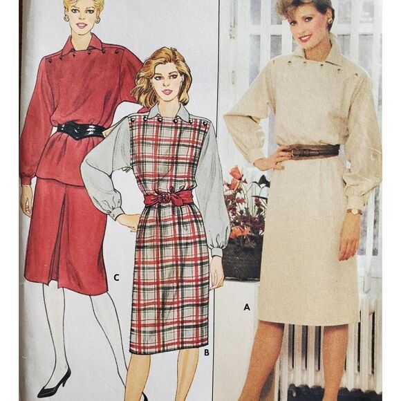 Vintage 80s Butterick Pattern 6104 Uncut Straight Dress Pullover Collar 12 14 16 - Picture 1 of 4